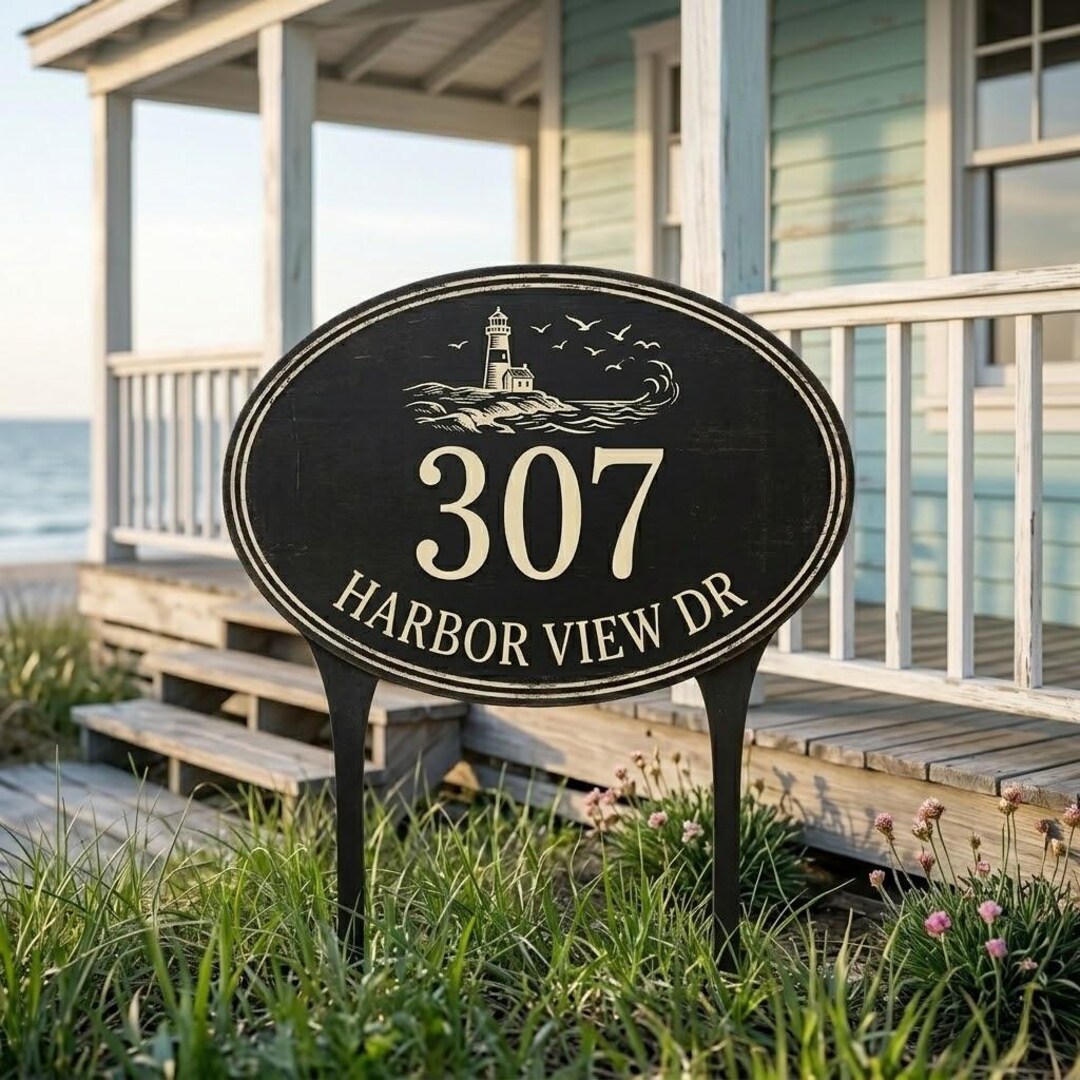 Sign 2756 Coastal Lighthouse Address Metal Sign, Personalized Beach House Numbers ...