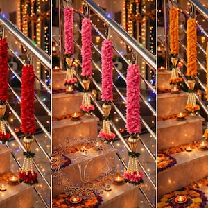 Może przedstawiać: Schody ozdobione kolorowymi girlandami kwiatowymi w kolorze czerwonym, różowym i pomarańczowym. Girlandy zawieszone są na poręczy i ozdobione elementami dekoracyjnymi. Małe świece umieszczone są na stopniach, tworząc ciepłą, zachęcającą atmosferę.