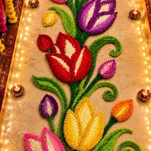 Op de afbeelding: Een levendig rangoli-vloerkunstwerk met een verticale opstelling van kleurrijke tulpen in tinten rood, geel, roze, paars en oranje, geaccentueerd met groene stengels en krullende bladeren, omringd door kleine brandende olielampjes op de vloer.