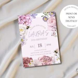 Editable Floral Birthday Invitation: Printable Flower Party Invite