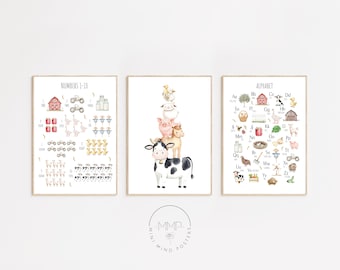 Farm Animal ABC 123 Poster Bundle, Educational Nursery Wall Art, Kids Learning Printable Set