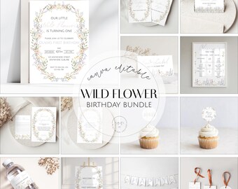 Wildflower First Birthday Bundle, Boho Floral, Editable Template (Instant Download)