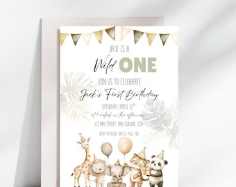 Wild One Birthday Invitation, Safari Themed Party, Digital Download