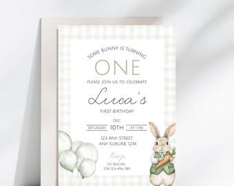 Some Bunny Is One 1st Birthday Invitation, Green Bunny Invite, Digital Download