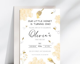 First Bee Day Birthday Invitation, Bumblebee Invitation, Digital Download