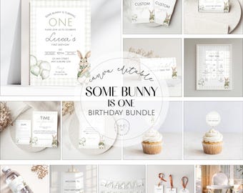 Some Bunny Is One Birthday Bundle, Green Bunny Invitation (Digital Download)