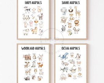 Animal Nursery Prints, Farm, Woodland, Ocean & Safari, Kids Wall Art (Digital Download)