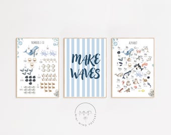 Ocean Animals ABC 123 Printable Poster Set, Kids Nursery Decor (Digital Download)