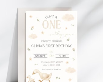 One Silly Goose Invitation, Goose Birthday Party Decor, Digital Download