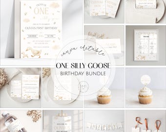 One Silly Goose Birthday Invitation Bundle, Editable Digital Download, Goose Birthday Party Invite