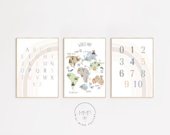 World Map ABC 123 Print Set, Kids Nursery Decor (Digital Download)