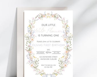Wild Flower Invitation, Floral 1st Birthday Invite, Digital Download