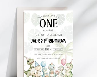One-a-Saurus Birthday Invitation, Dino Party Invite, 1st Birthday, Digital Download