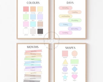 Educational Posters Set of 4, Shapes, Colours, Months & Days, Kids Learning Wall Art