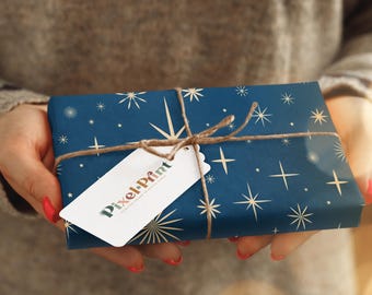 Papier cadeau étoile de minuit | Papier cadeau bleu marine céleste bohème rétro Mid-Century