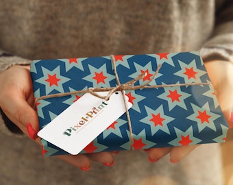 Retro Christmas Star Wrapping Paper | Mid Century Blue Red Holiday Gift Wrap