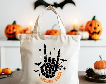 Spooky Vibes Tote Bag – Skeleton Rock and Roll Design