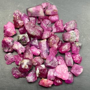Puede incluir: Una colección de rubíes en bruto y sin pulir en varios tonos de rosa vibrante y rojo intenso. Estos especímenes minerales naturales presentan formas irregulares y dentadas con texturas que van de translúcidas a opacas.