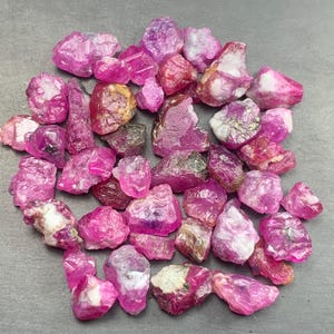 May include: A collection of raw, unpolished ruby gemstones in various shades of vibrant pink and deep red. The stones exhibit irregular, jagged shapes with natural crystalline textures, some featuring white mineral inclusions and translucent areas.