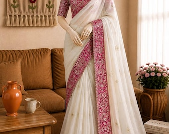 Pre-Pleated Chinon Silk Saree with Digital Print & Real Mirror Work, Stitched Blouse