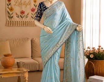 Pre-Pleated Silk Saree & customised stitched Blouse | Ready wear Sequins Embroidered Indian Wedding Party Wear Saree