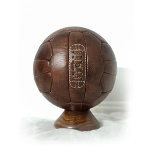 Handmade Leather Soccer Ball with Wooden Plinth: Vintage Sports Decor