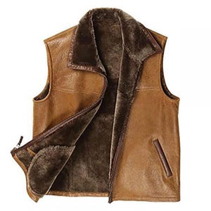 Vintage Brown Goatskin Leather Vest with Faux Fur Lining,