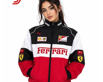 Chaqueta bomber de carreras Ferrari vintage, abrigo urbano unisex rojo y negro.