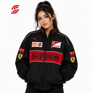 Vintage Racing Style Jacket, Black Red Motorsport Jacket, Embroidered Patch Bomber, Unisex Streetwear Coat