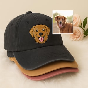 Custom Embroidered Pet Portrait Hat, Personalised Dog & Cat Face Hat, Vintage Pet Sketch from Photo Gift, Funny Dog Mom Cap, Memorial Gifts