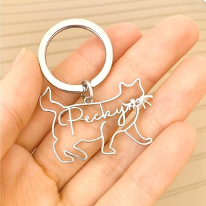 Può includere: Un portachiavi in metallo color argento con la sagoma di un gatto. Il corpo del gatto è formato da un filo continuo, con il nome "Pecky" scritto in corsivo sul suo corpo. Il portachiavi include un anello circolare per attaccare le chiavi.