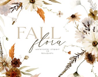 Sepia Fall Bouquets Floral Clipart, Watercolor Autumn Wildflowers, Beige Flowers PNG, Neutral Ivory Terracotta Arrangements Wedding Graphics