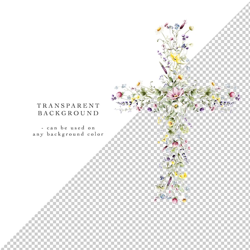 Christian floral cross PNG – hand-painted watercolor style for church programs and memorial art