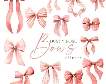 Dusty Rose Bows Clipart, Pink Bow Watercolor Clip Art, Coquette Polka Dot Stripes Plaid Baby Shower Bridal Graphics PNG