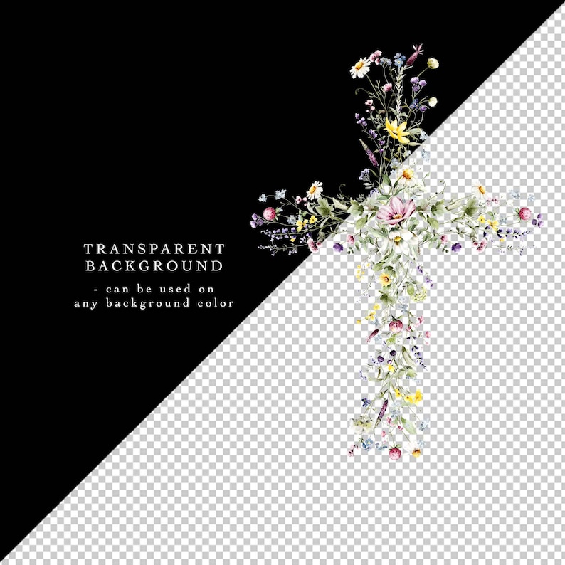 Wildflower cross clipart – Christian watercolor cross for faith-based sublimation designs