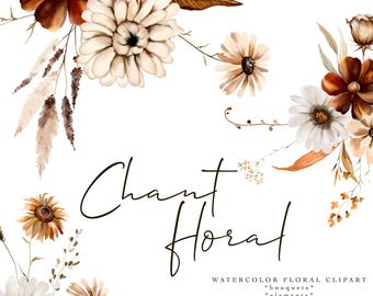 Watercolor Fall Floral Clipart: Brown Beige Autumn Flowers (PNG)