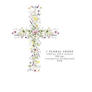 Religious watercolor cross art with wildflowers – Easter, confirmation, and baptism digital download