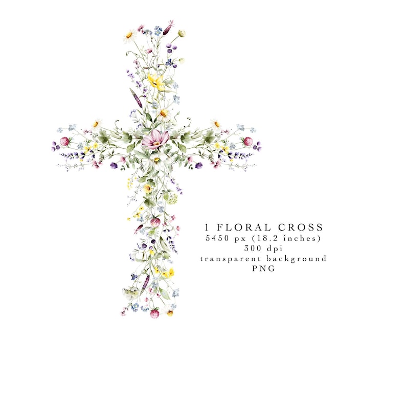 Religious watercolor cross art with wildflowers – Easter, confirmation, and baptism digital download