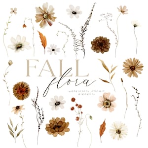Pode incluir: Elementos de clipart em aquarela com flora de outono. A imagem apresenta várias flores, folhas e galhos em tons de marrom, bege e branco. O texto "FALL flora" é exibido em uma fonte elegante, com "watercolor clipart elements" abaixo.