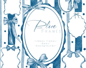 Azzurine Blue Frames Clipart, Ribbon Frame PNG, Baby Blue Bows, Polka Dot Stripes Backgrounds,  Coquette French Vintage