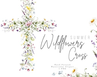 Watercolor Floral Cross Clipart: Christian Wildflower Bouquet PNG