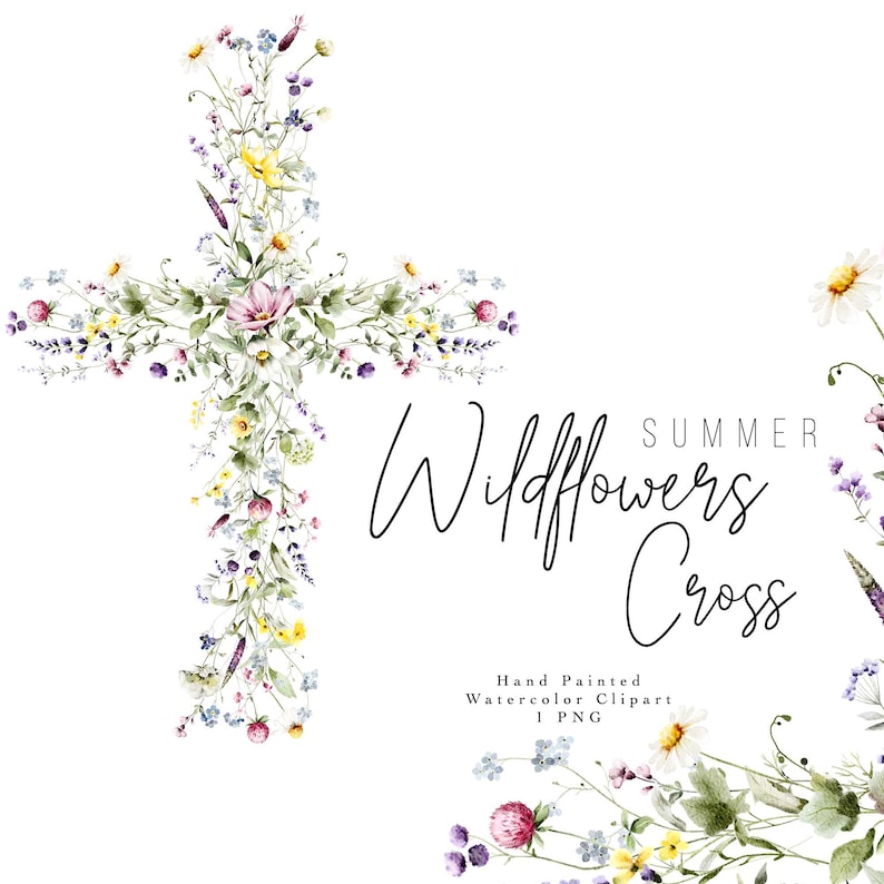 Watercolor floral cross PNG with wildflowers – religious Christian clipart for baptism and first communion invitations