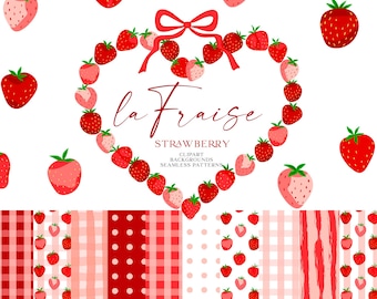La Fraise Strawberry Clipart, Seamless Pattern, Plaid Stripes Pink Background, Red Strawberries PNG,  Berry Sweet Graphics