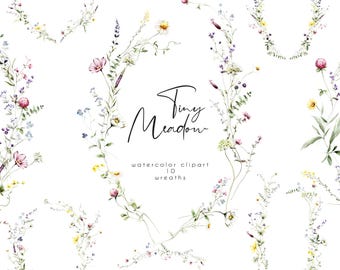 Rosé Wildflowers Clipart, Watercolor Floral Wreaths, Spring Flower Frames, Summer Dainty Borders in Purple, Pink & Yellow PNG