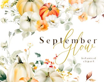 Equinox Fall Floral Pumpkins Clipart, Cream White Watercolor Pumpkin, Autumn Wildflowers, Fall Leaves Bouquets, Cottagecore Wedding PNG