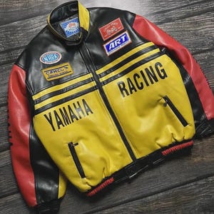 Yamaha Racing 2001 Leather Bomber Jacket: Cowhide Motorcycle Streetwear