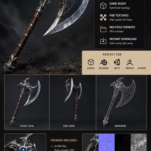 Może przedstawiać: Model 3D stylizowanego topora fantasy z metalowym ostrzem, niebieskim klejnotem pośrodku i brązową owijką na rękojeści. Obraz zawiera widoki z przodu, z boku oraz siatkę modelu, wraz z informacjami technicznymi dotyczącymi plików FBX i tekstur 4K.