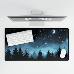 Night Sky Forest Desk Mat: Starry Galaxy Landscape Mouse Pad