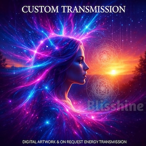 Puede incluir: Obra de arte digital que muestra el perfil de una mujer con cabello fluido y un campo de energía cósmica en tonos morados, azules y rosas. El texto "CUSTOM TRANSMISSION" y "Blisshine" son visibles. Un atardecer en el fondo.