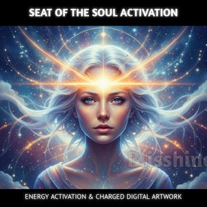 Könnte beinhalten: Digitales Kunstwerk, das eine Frau mit fließendem weißem Haar und blauen Augen zeigt, die Licht ausstrahlt. Das Bild enthält den Text "SEAT OF THE SOUL ACTIVATION" und "ENERGY ACTIVATION & CHARGED DIGITAL ARTWORK". Das Kunstwerk hat ein kosmisches, ätherisches Thema.